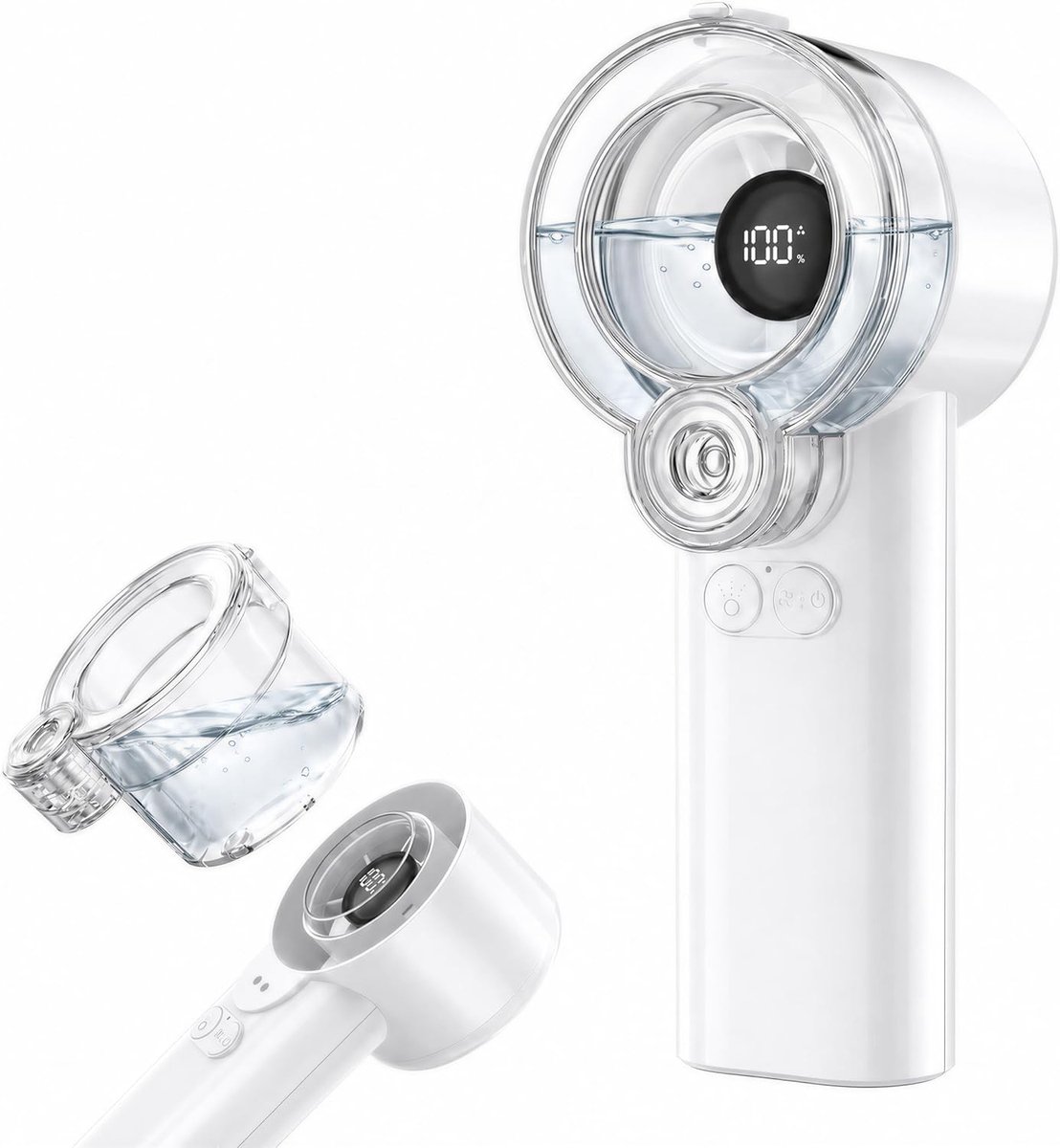 2-in-1 handventilator met sproeifunctie - Draagbaar - Oplaadbaar - Waterstraalventilator - 5 windsnelheden - Met LED-display - Persoonlijk - Mini - Koelventilator - Verwijderbaar waterreservoir - Geschikt voor de zomer - Heren/Dames - Wit- 1 stuk