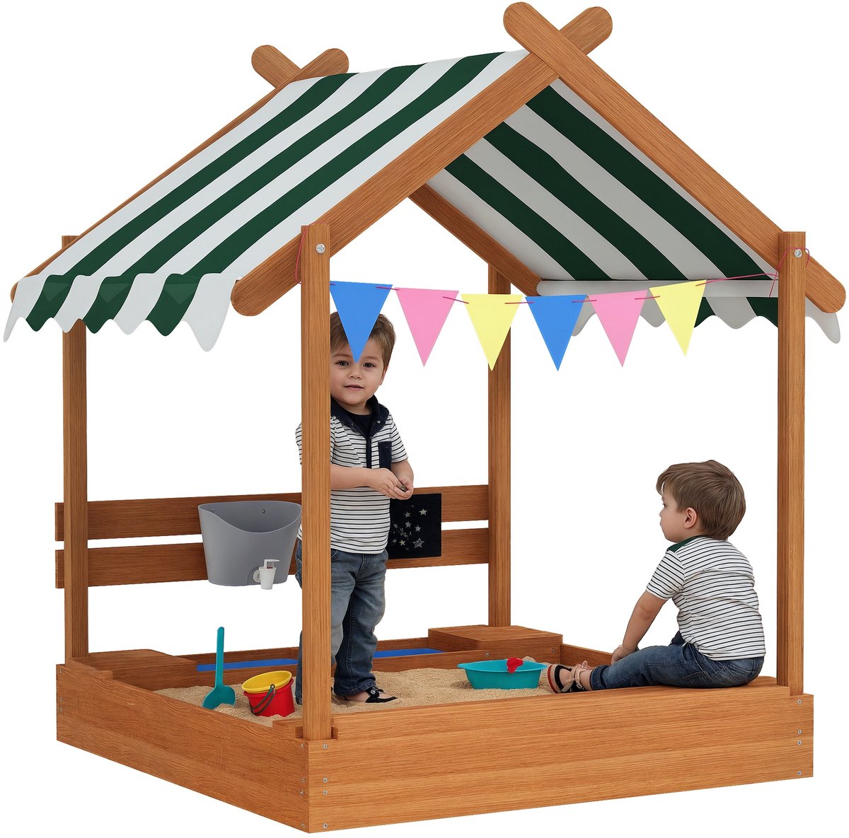 ECTEATOY® Houten Zandbak voor Kinderen in Huisvorm met Dak - 124x116x146 cm - Incl - Speelgoed, Wasbak & Krijtbord