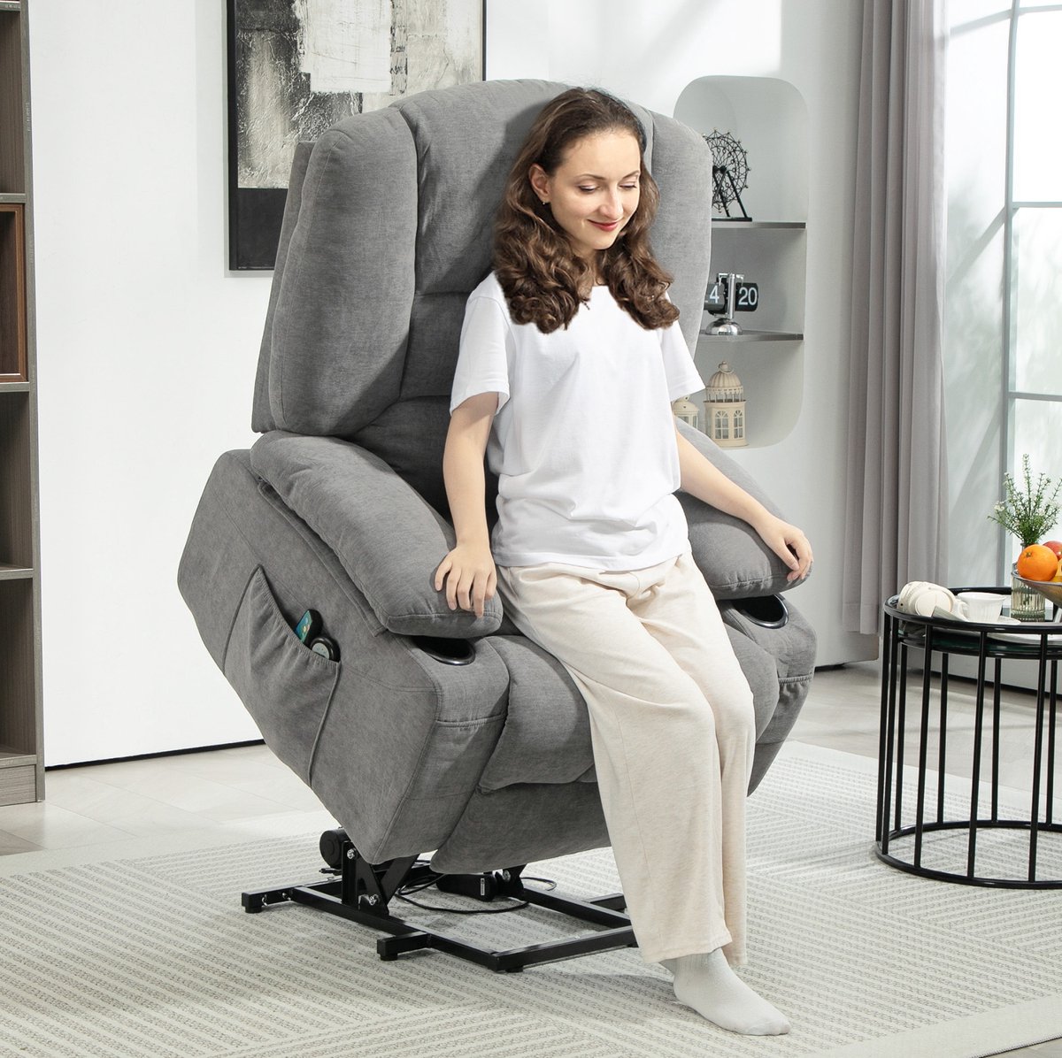 FloraGrace Relaxfauteuil – Elektrische Opsta-functie, Massage en Verwarming – Ligfunctie met Zijvak en Afstandsbediening – Donkergrijs