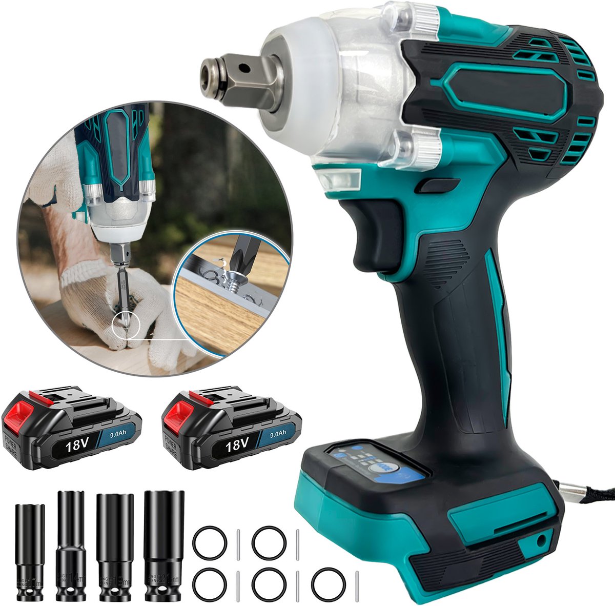 18V Accu‑slagmoersleutel set met 2 accu’s van 3,0Ah, EU‑oplader en 4 dopmoeren, draadloze momentsleutel voor garage‑ en timmerklussen