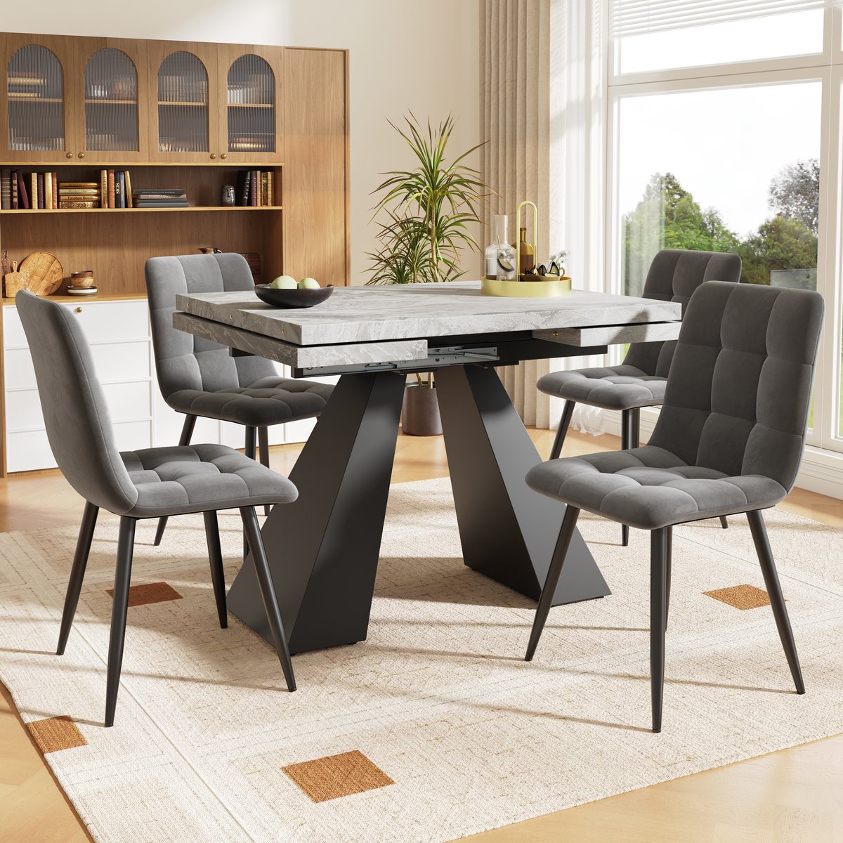 Essgruppe (5-tlg), Esstisch-Set, Ausziehbares Esstischset für 4 Personen,160×80×75cm Esstisch mit 4 Esszimmerstühlen,Eetkamer Set - Verlengbare Tafel - Grauer Samt-Esszimmerstuhl,Grauer Tisch mit Säulenfüßen-Zwart