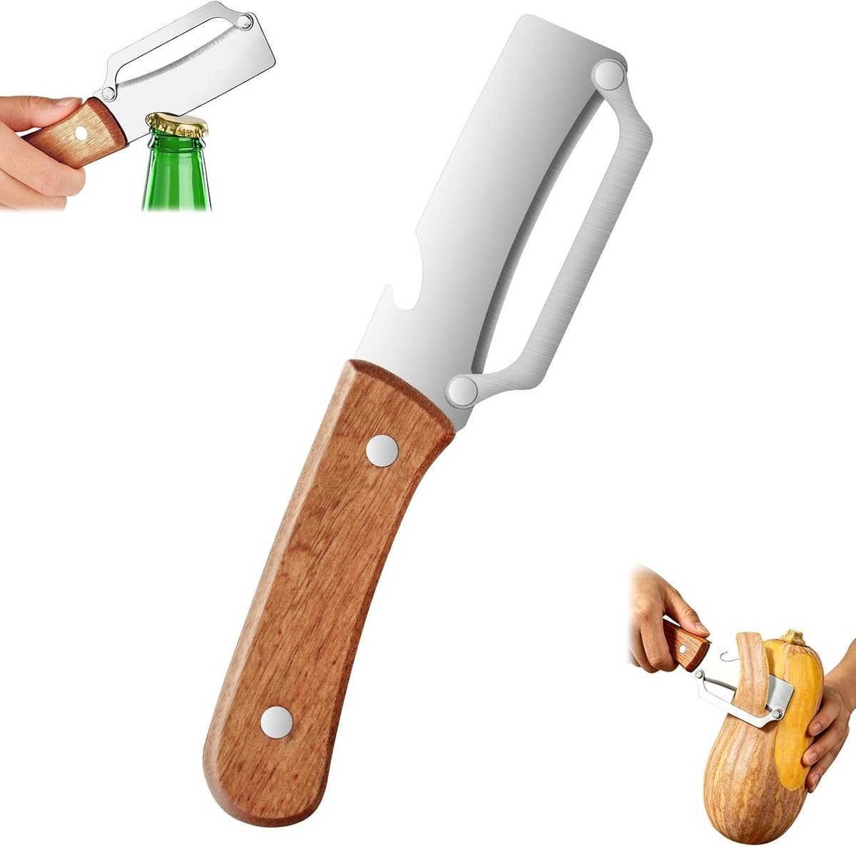 Multifunctionele Groenten Schiller met Houten Handvat, RVS Schiller en Flesopener voor Keuken en Fruitgebruik
