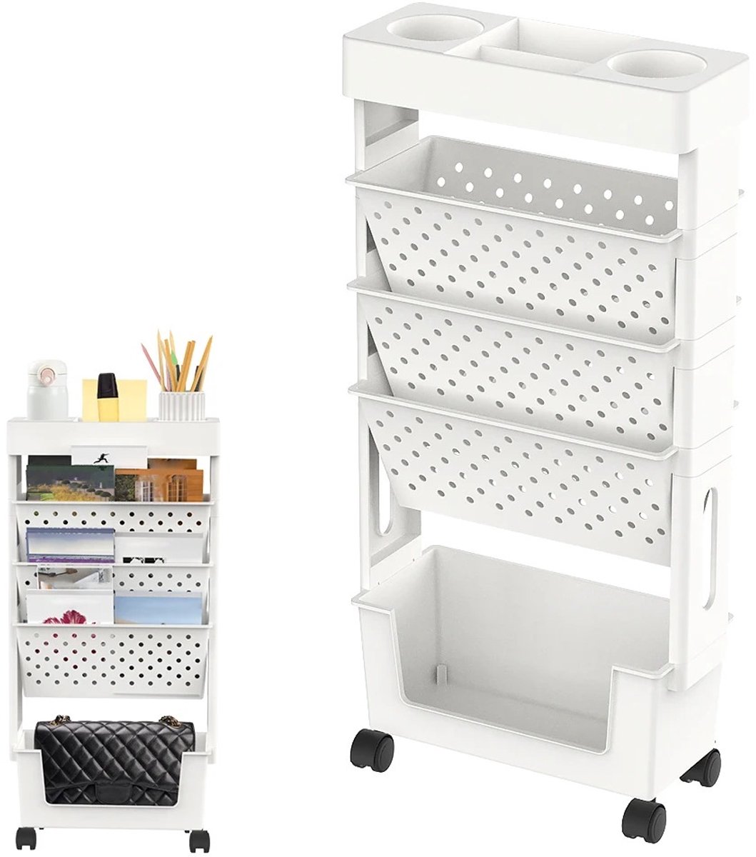 Stervia Kantoor Organizer Op Wieltjes - Incl Pennenbakje/Rekenmachinehouder/Bekerhouder - 5 Laags - 7 Documentvakken - Wit - 37.5 x 15 x 78 cm