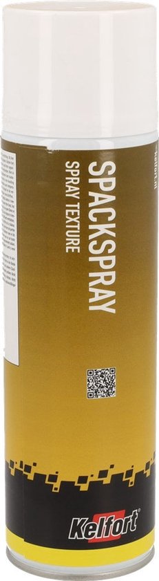 Kelfort spackspray 500ml bus met witte dop en gouden vlek. De tekst 'SPACKSPRAY' is verticaal geplaatst.