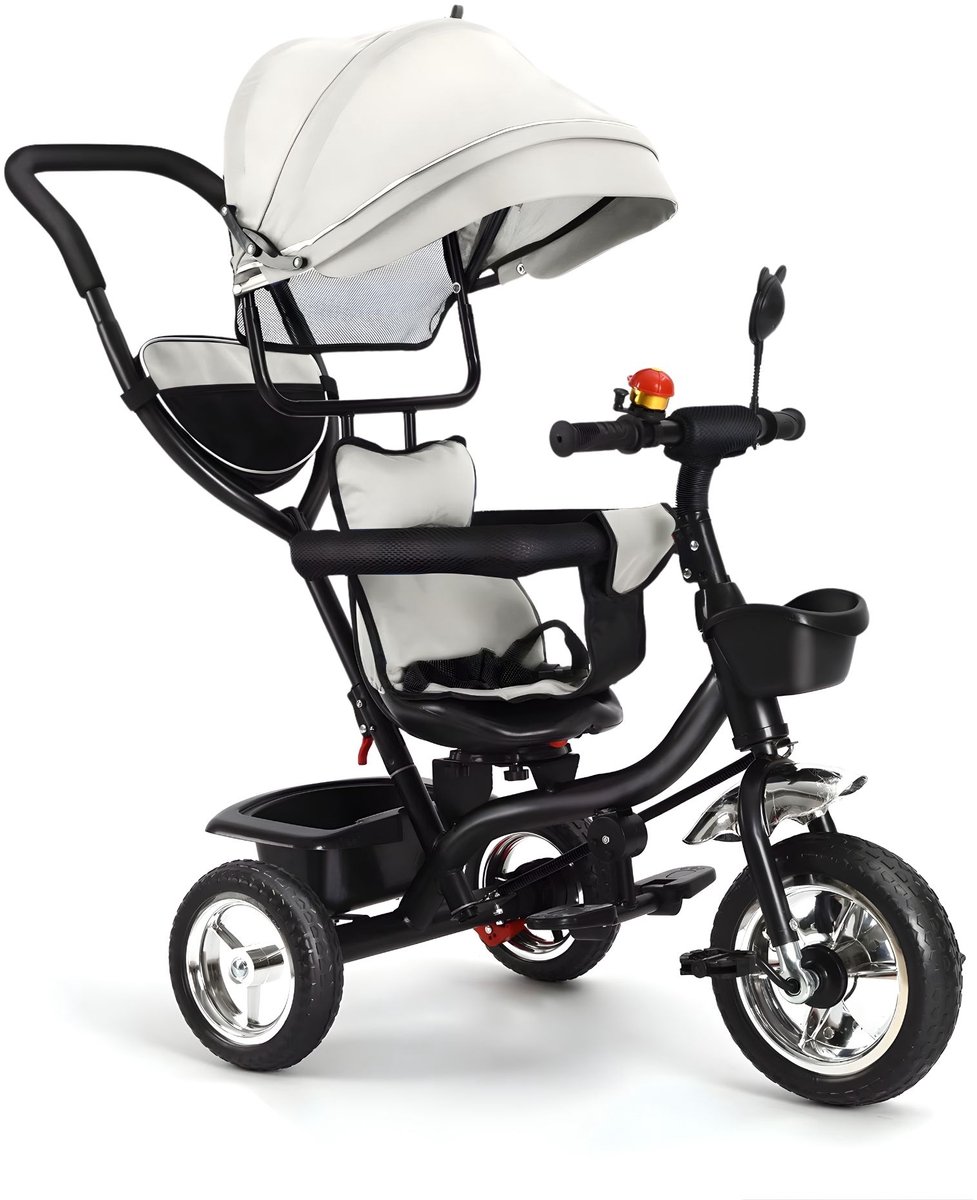 Driewieler Kinderfiets - Verstelbaar met Duwstang en Opbergmand - voor baby's en kinderen 1-5 jaar - Grijs - Rood