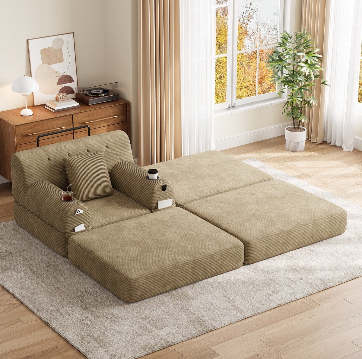 Wishdor - Fauteuil - 1-zits slaapfauteuil met ligfunctie en opbergvakken - modern - woonkamer of logeerkamer - cord stof en metaal - khaki - 107 x 162 x 81 cm