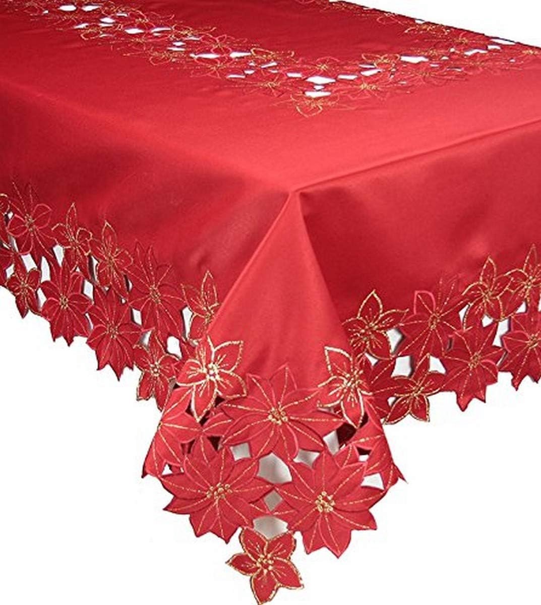 Kerst Tafelkleed - Feestelijk Kleed - Tafel Decoratie - Poinsettia Borduurwerk - 274 x 178 cm - Rood