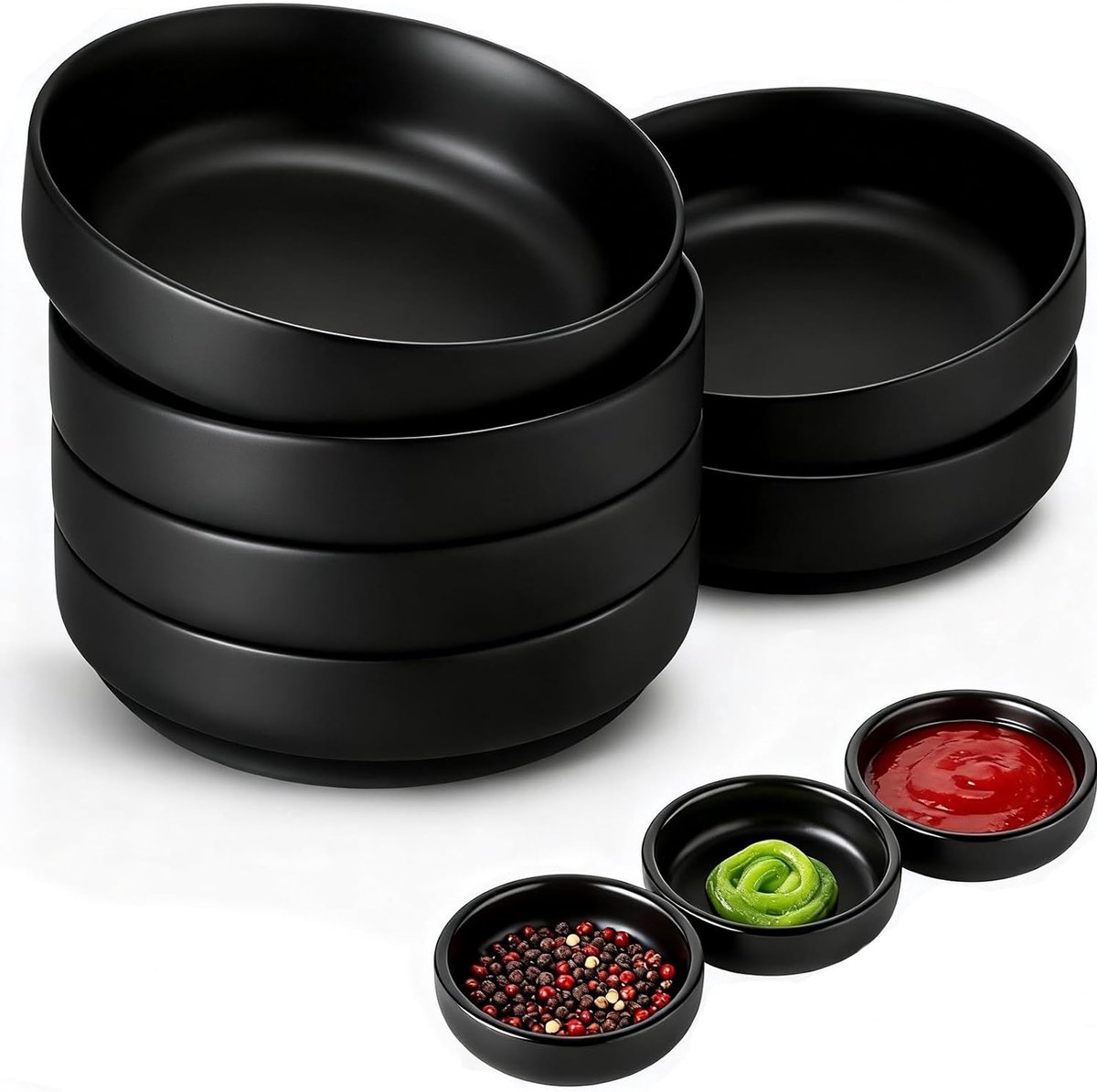 Set van 6 - zwarte ronde dipschalen - 8,7 x 2,5 cm - kleine saus- en sojaschaaltjes - geschikt voor sushi, tapas, snacks en kruiden