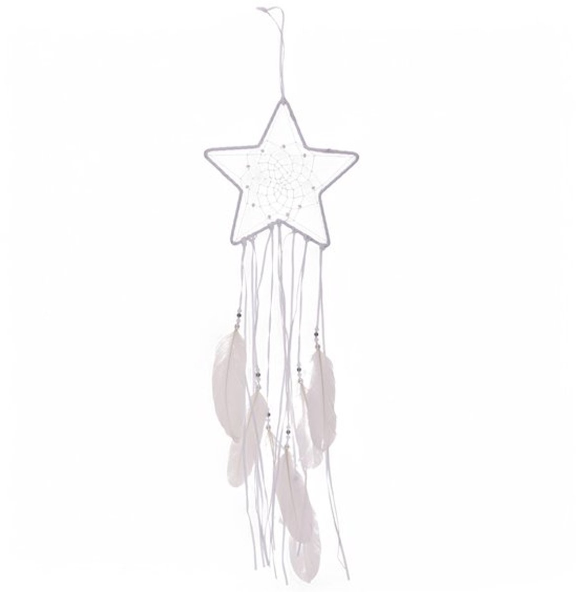 Dromenv catcher - Maansymbool en Ster - Witte Magische Boho Decoratie met Veertjes