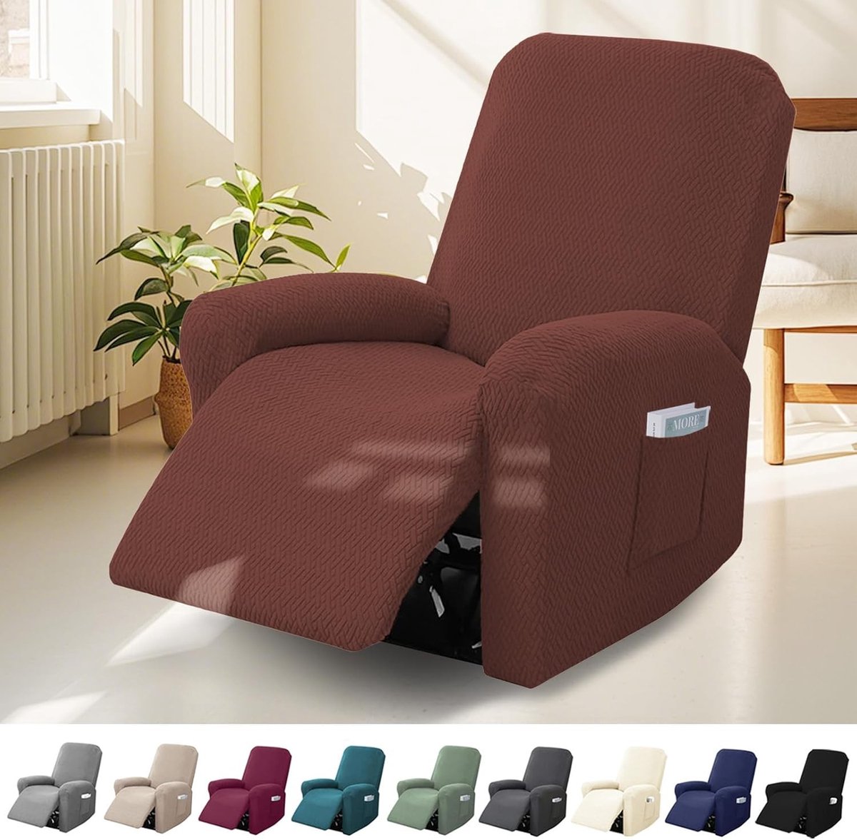4-delige Recliner Hoes Set voor 1-zits Stoel, Stretch Hoes met Zakjes, Bescherming voor Relaxstoel en TV-stoel, Antislip en Hoog Rekbaar met Elastische Onderkant