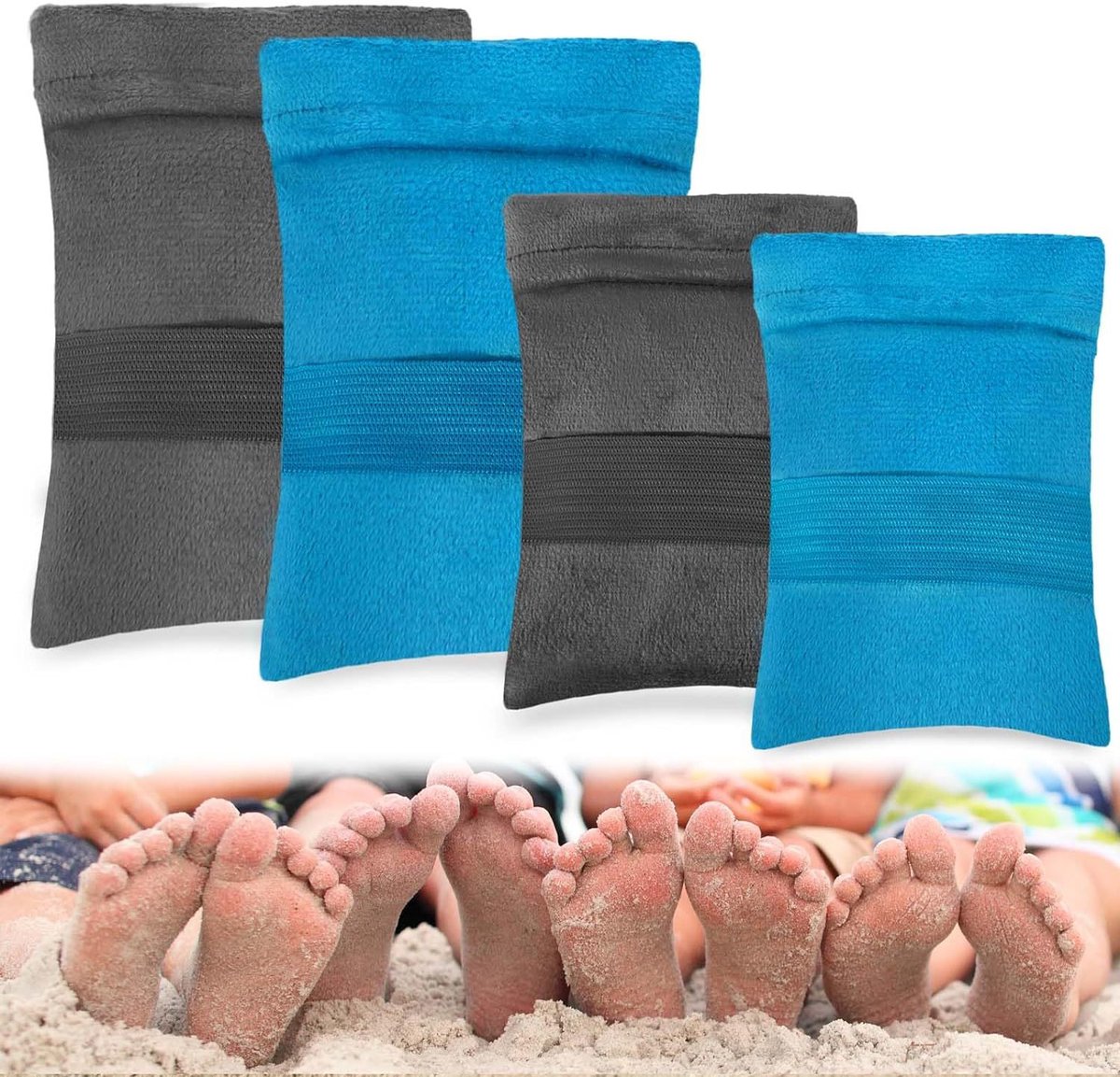 Zandverwijder handschoen set - blauw grijs microvezel zanddoek voor strand - groot 14x12cm klein 12x10cm elastische band - zandverwijderaar voor voeten lichaam strandaccessoire