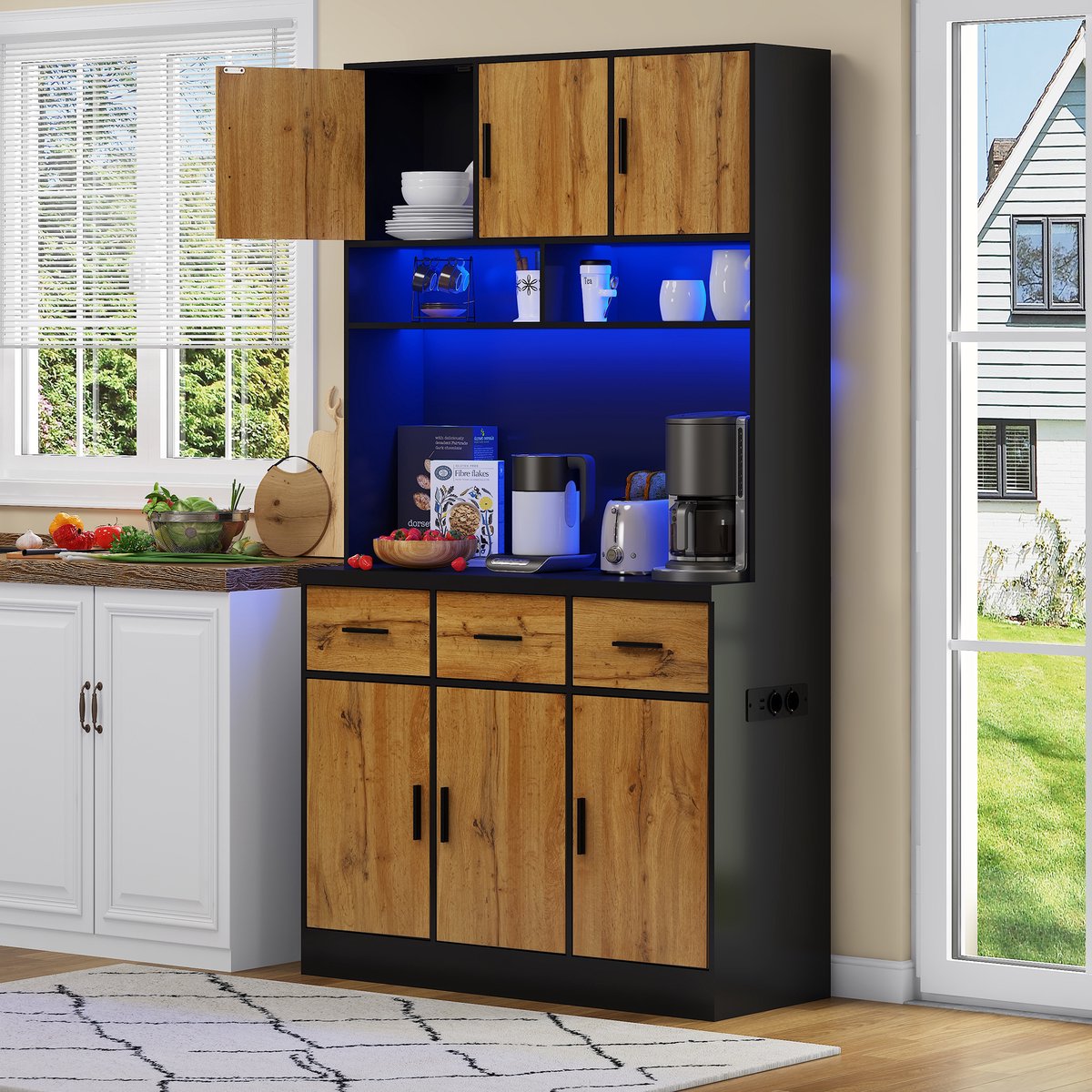 MODFU - Keukenkast - 100X40X180 Cm - LED-Verlichting - App-Bediening - Zwart-Naturel