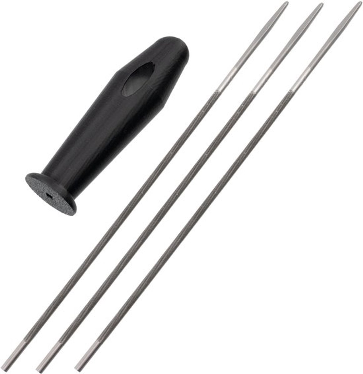- Set van 3 ronde vijlen voor handmatig slijpen Ø4 mm lengte 250 mm voor kettingzaagketting 3/8" + 1 kunststof handvat