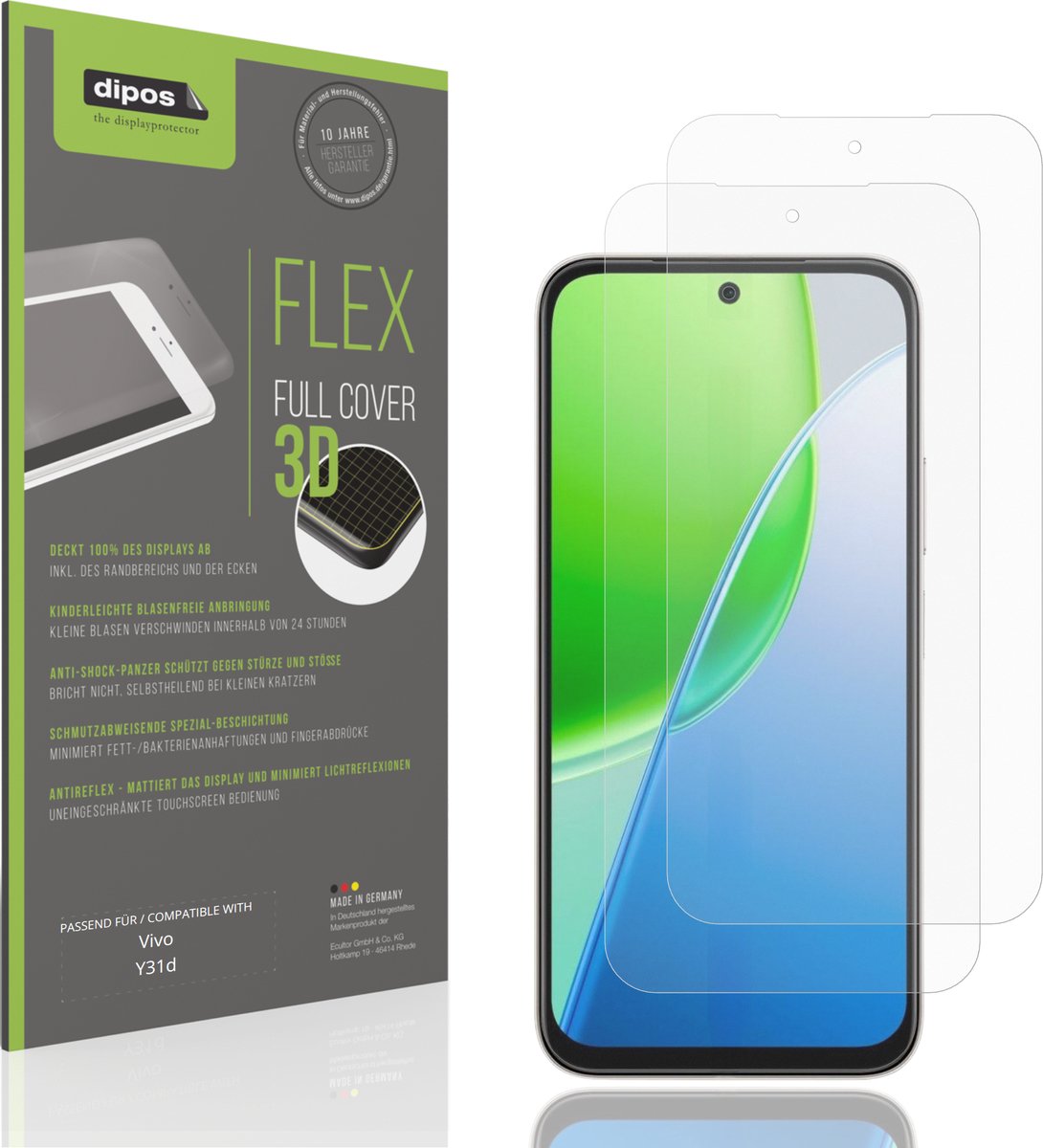 dipos FLEX – 2x Matte Screenprotector geschikt voor Vivo Y31d | Volledige Schermbescherming | Case-Friendly