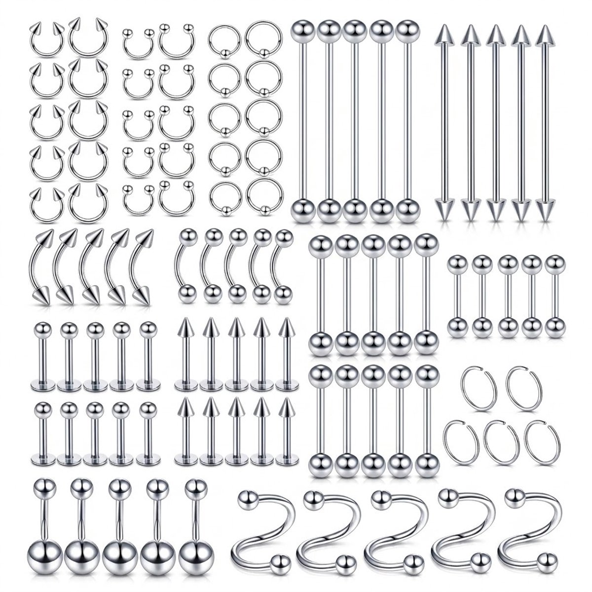 Zilverkleurige helix piercing set unisex body piercing sieraden 100 stuks neusringen tragus oorbellen tongringen wenkbrauw piercings industrial barbell lip studs kraakbeen piercings roestvrij staal assortiment