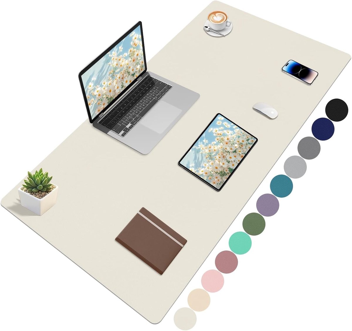 Grote PU-leer bureauonderlegger, antislip muismat voor computer en kantoor, waterdicht, ivoorwit, 120 x 60 cm