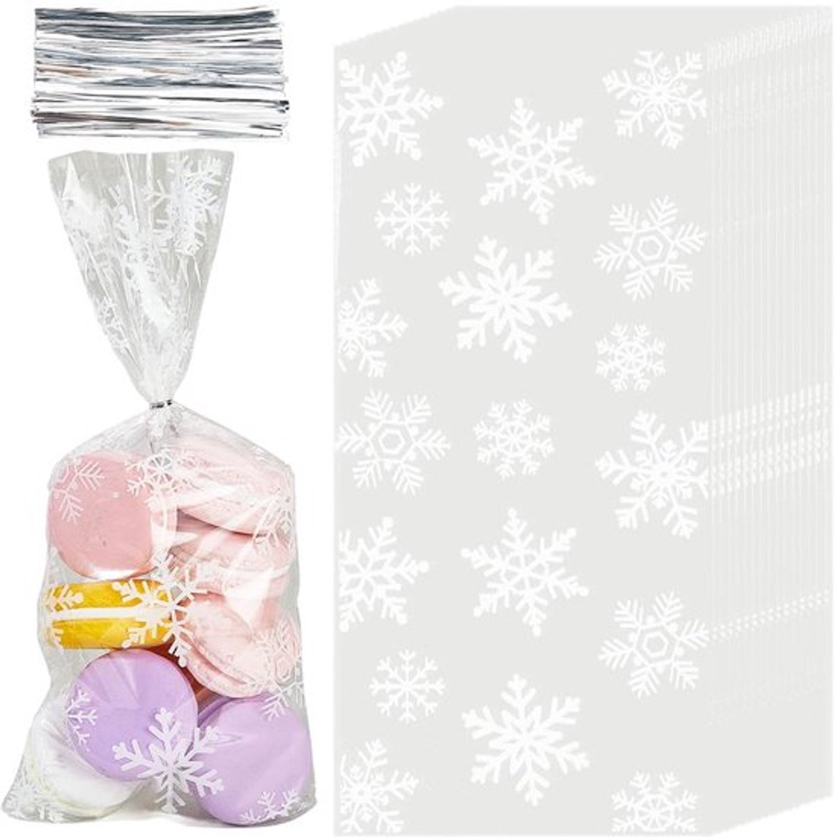 100 stuks sneeuwvlok snoepzakjes, witte kerst snoepzakjes met strikjes, doorzichtige cellofaan goodie-bulkzakjes voor verjaardagen, bruiloften, feestdagen en feestbenodigdheden, 27,5 x 12,5 cm
