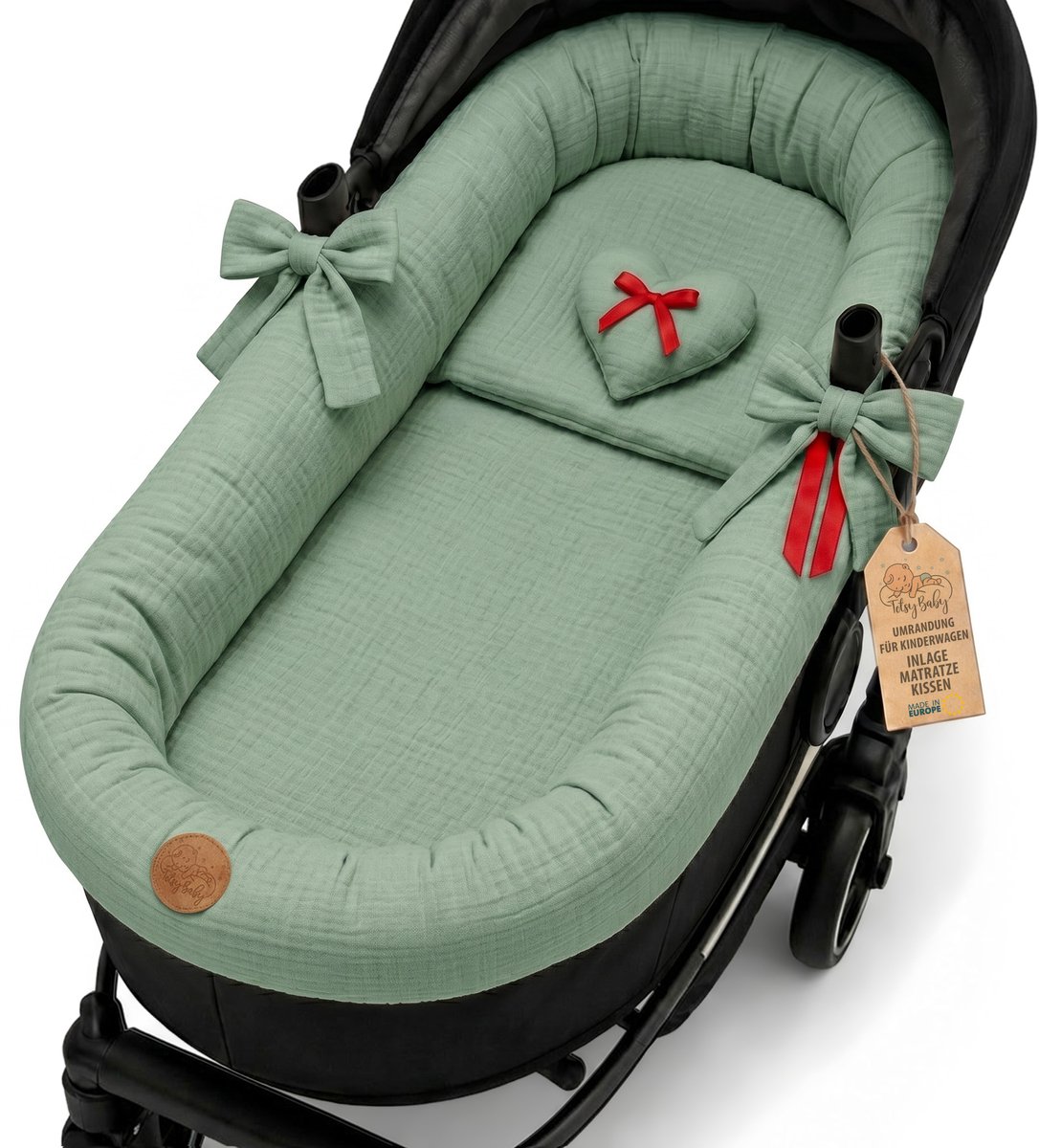 Universele Reiswieg Bekleding van Mousseline Katoen – Ademende Hoes die de Kinderwagen Bekleedt en Beschermt – Set 3-delig met Kussen en Matras voor Pasgeboren Salie