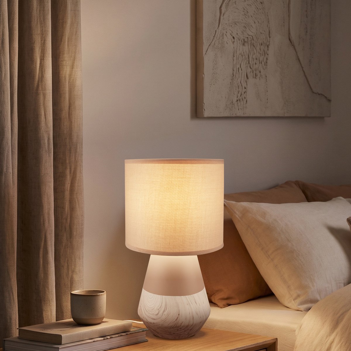 BRILONER Linda - Tafellamp slaapkamer - met stoffen kap & keramiek voet - bedlamp - tafellampje - E14 - Ø18 x 34cm - beige/hout