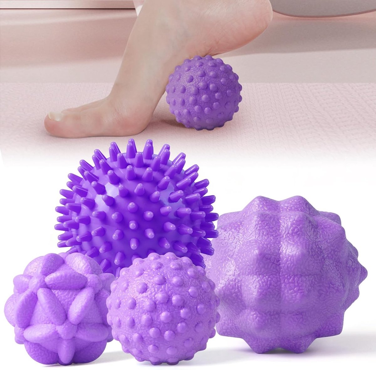 Set van 4 Kleine Massageballen voor Triggerpoints, Spiky Massageballen voor Voeten, Rug en Nek, Ideaal voor Spierontspanning en Fasciabehandeling, Paars