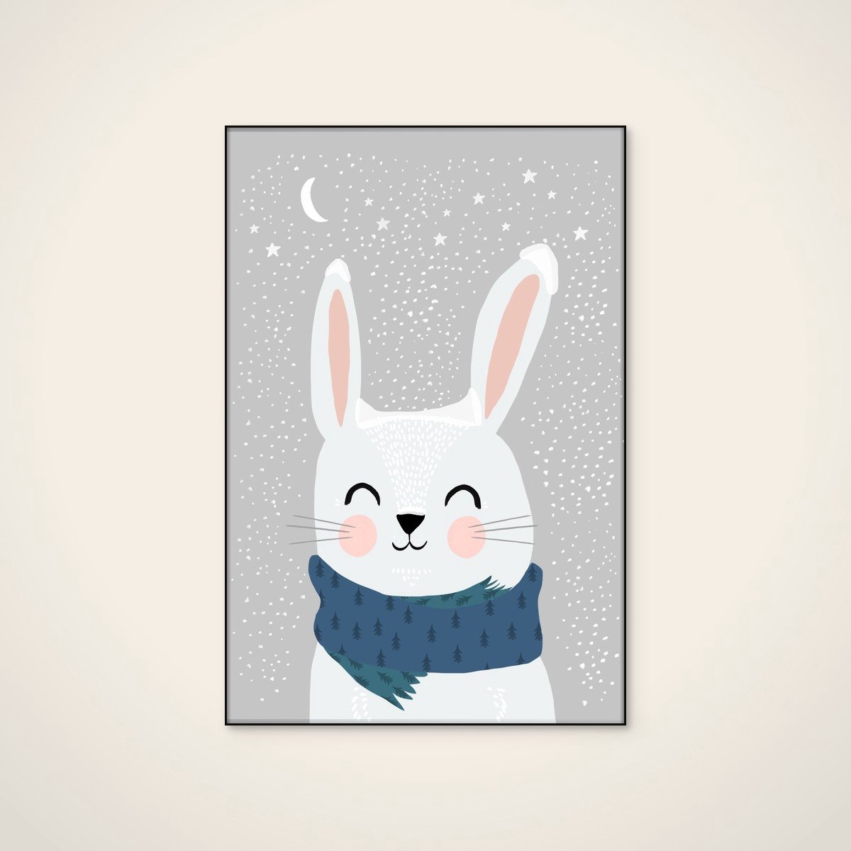Akoestisch schilderij - 80 x 120 cm - Winter Bunny Bliss van Treechild - Abstracte wanddecoratie - zwart textielframe