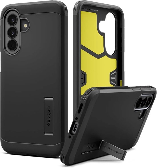 Zwarte Spigen Tough Armor hoes met stand, gezien vanaf verschillende hoeken.