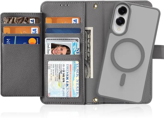 Grijze lederen portemonnee telefoonhoes geopend met pasjes en een telefoon. Inclusief rijbewijs en creditcards.