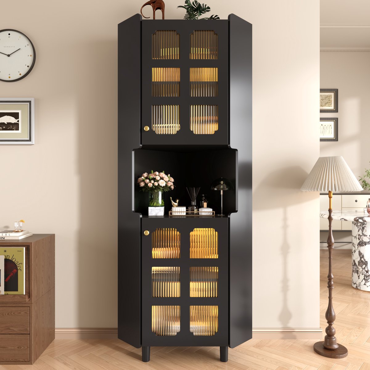 MODFU - Hoekkast - Glasdeuren - LED-Verlichting - Zwarte Lak - MDF