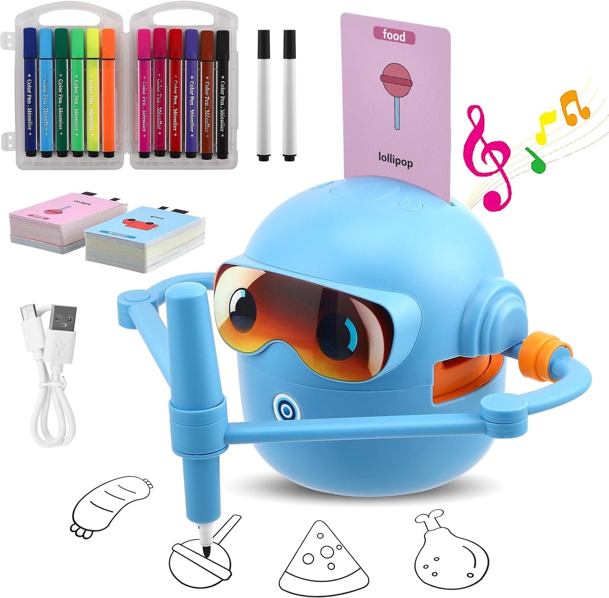Tekenrobot voor kinderen met spraakbegeleiding, tekenrobot met 100 kaarten en 12 kleurpotloden, interactief educatief speelgoed voor jongens en meisjes vanaf 3 jaar (blauw)