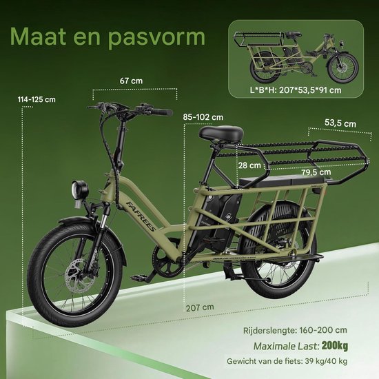 Groene elektrische bakfiets met gedetailleerde afmetingen, belastbaar tot 200kg.