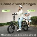 Groene Fafrees cargo e-bike met vrouw en twee kinderen, 'Gemaakt voor ladingen' tekst.