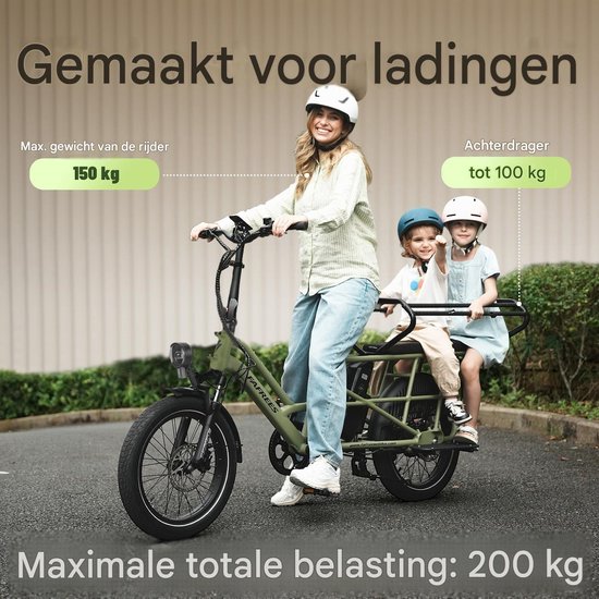 Groene Fafrees cargo e-bike met vrouw en twee kinderen, 'Gemaakt voor ladingen' tekst.