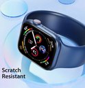 Een blauw Apple Watch met wijzerplaat, omringd door bubbels. De tekst 'Scratch Resistant' staat linksonder.