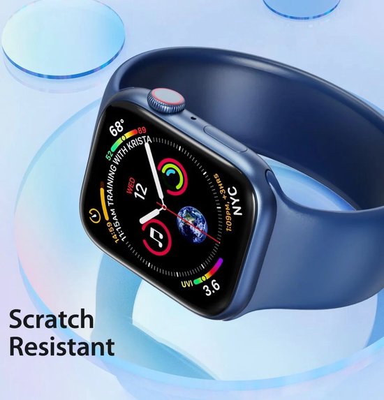 Een blauw Apple Watch met wijzerplaat, omringd door bubbels. De tekst 'Scratch Resistant' staat linksonder.
