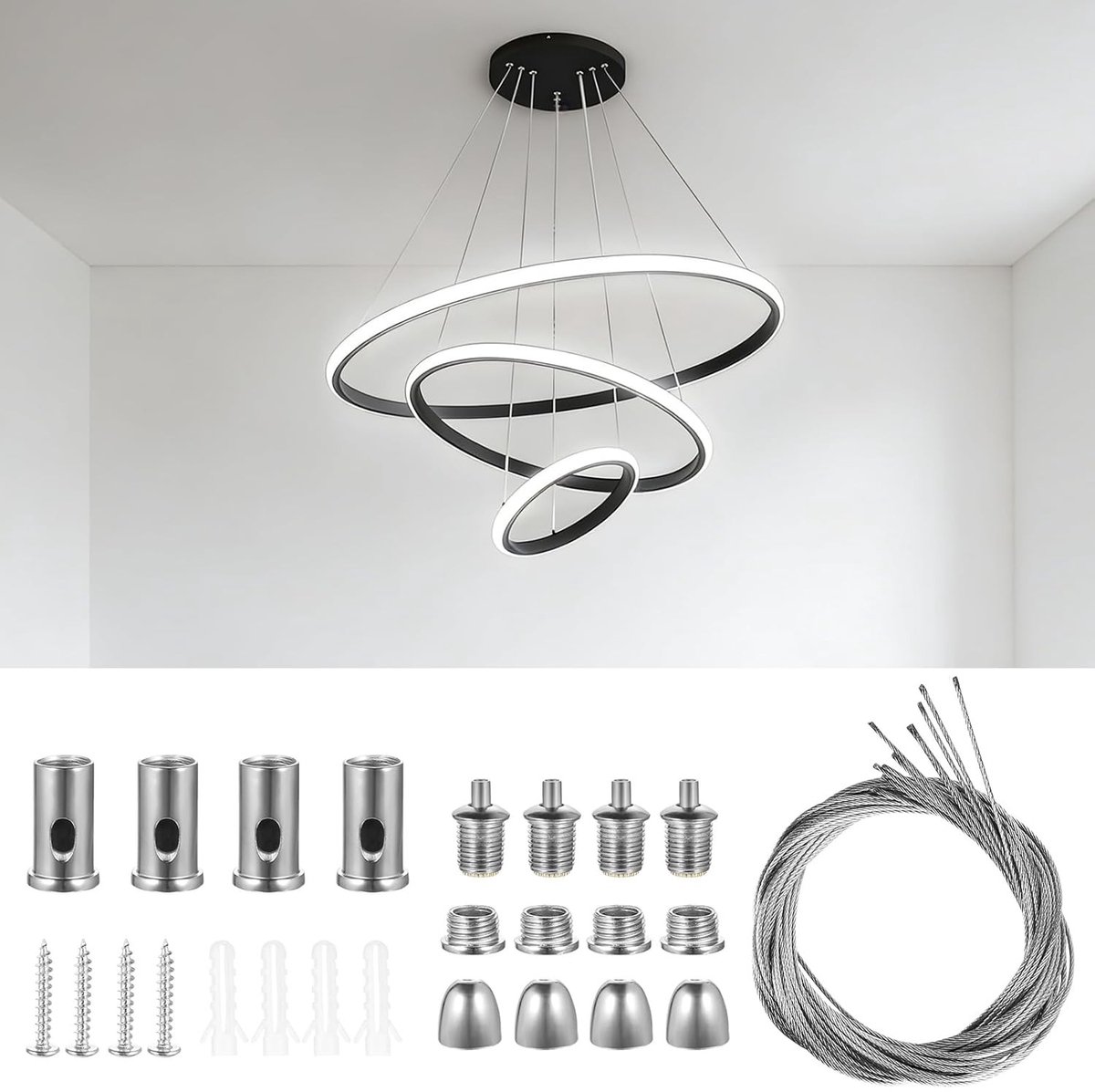 Verstelbare ophangset voor staalkabel, RVS kabel 1,5 mm x 1 m, ideaal voor LED lampen, plafondpanelen en frames, sterke montagekit voor veilige bevestiging