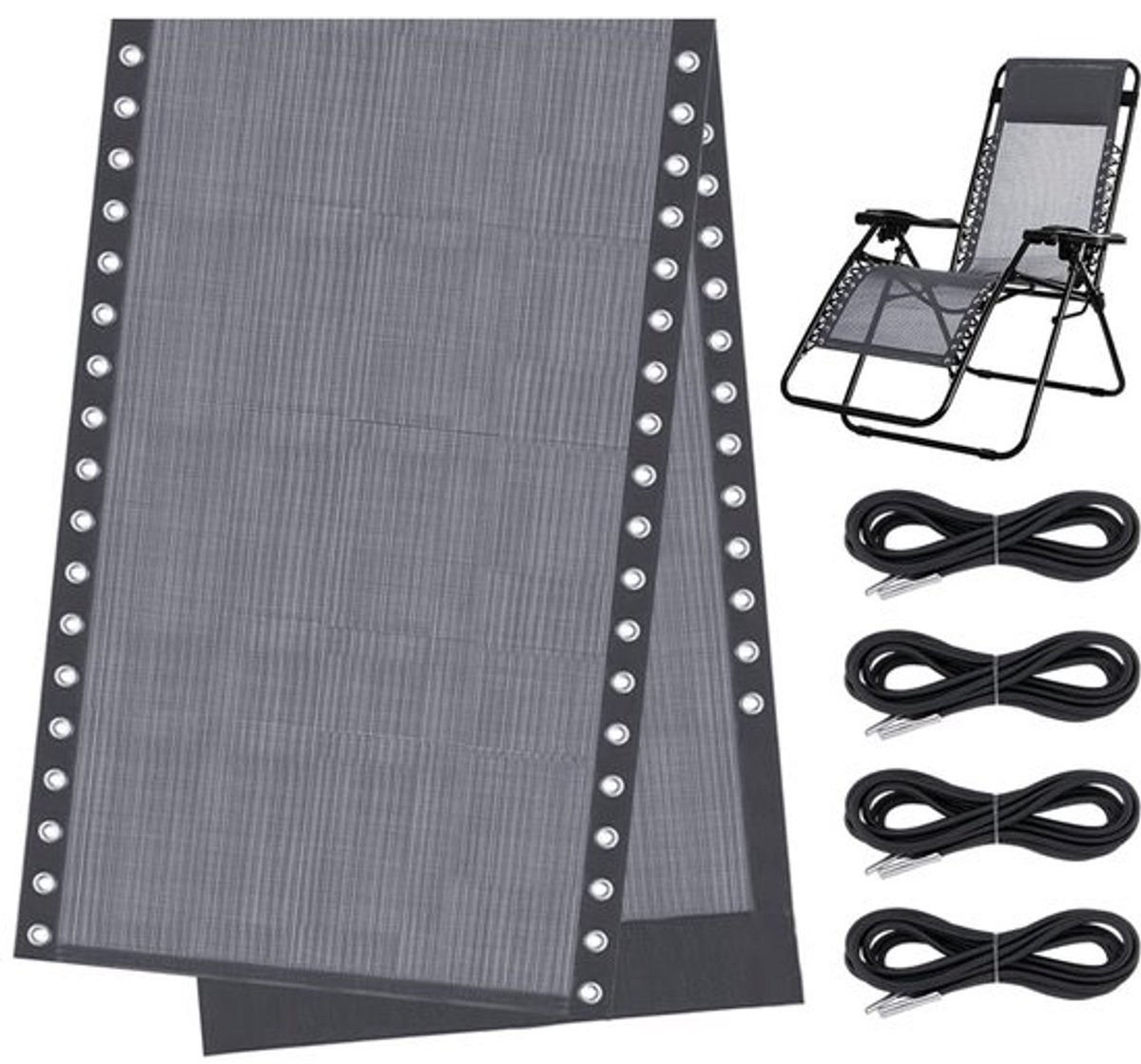Vervangende doek voor Zero Gravity stoel, 158x42,5 cm, opvouwbare fauteuilstof, grijze stoelen, zachte doek met 4 vervangende snoeren voor patio, buitenbad