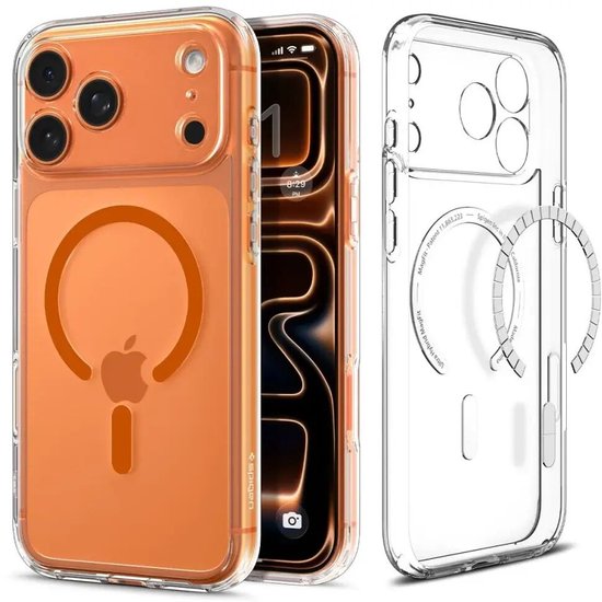 Doorzichtig oranje telefoonhoesje met MagSafe-ring en een transparant hoesje ernaast.
