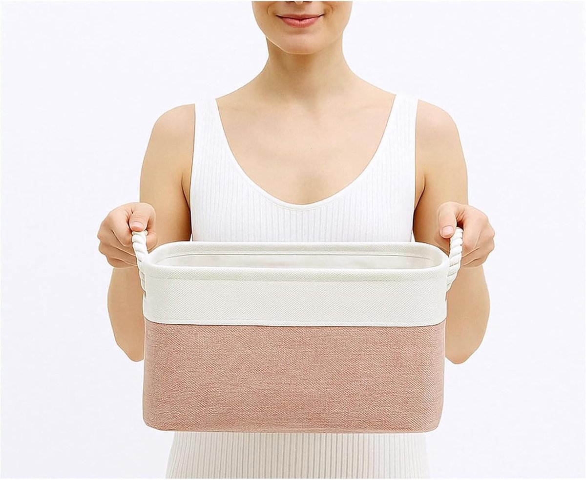 Zachte Opbergdozen van Stof in Meerdere Maten, Rechthoekige Mandjes voor Plank, Kleding en Speelgoed, 31 x 21 x 16 cm, Roze en Wit (Klein, 1 Stuk)