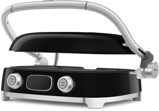 Zwarte contactgrill met chromen handgreep en controlepaneel met knoppen.