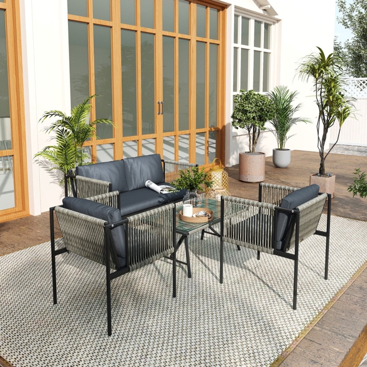 HAUSS SPOLE Loungeset - 4-Delige Stoel-Bank Loungeset - Met Kussens En Glazen Tafelblad - Voor Balkon En Tuin - Kunstrotan Grijs