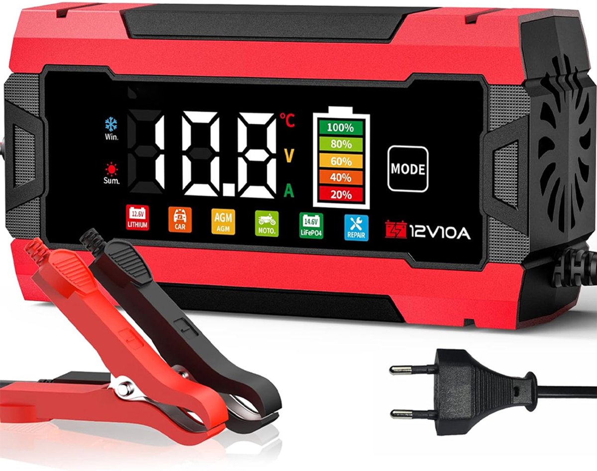 OUYLAF Acculader - 12 V 10 A autobatterijlader - Batterijlader - oplader - 100-240V - Rood - voor auto, motor, AGM, Gel, Nat, SLA, LiFePO4