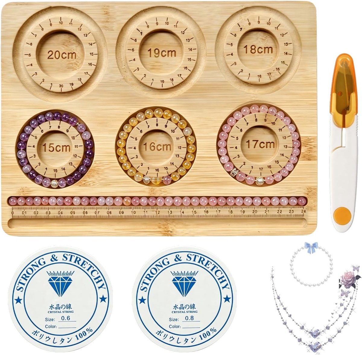 Kralenplank voor het maken van sieraden en armbanden, duurzaam bamboehout met antislip en maatmarkeringen voor precisie en stabiliteit