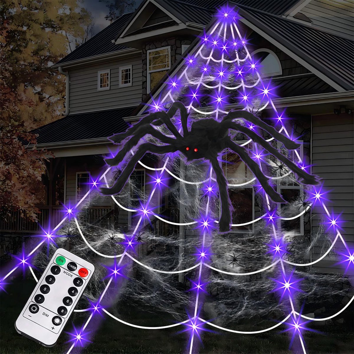 Namajunas - Halloween Decoratie - Halloween lichtsnoer 5M Spinnenweb - Met Groot Spin 90CM & 20 Stuks Plastic Spin - Met Nep Spinnenweb - 125 LED Verlichting met 8 standen - Met Afstandsbediening - Halloween - Halloween Verlichting Lichtsnoer Buiten