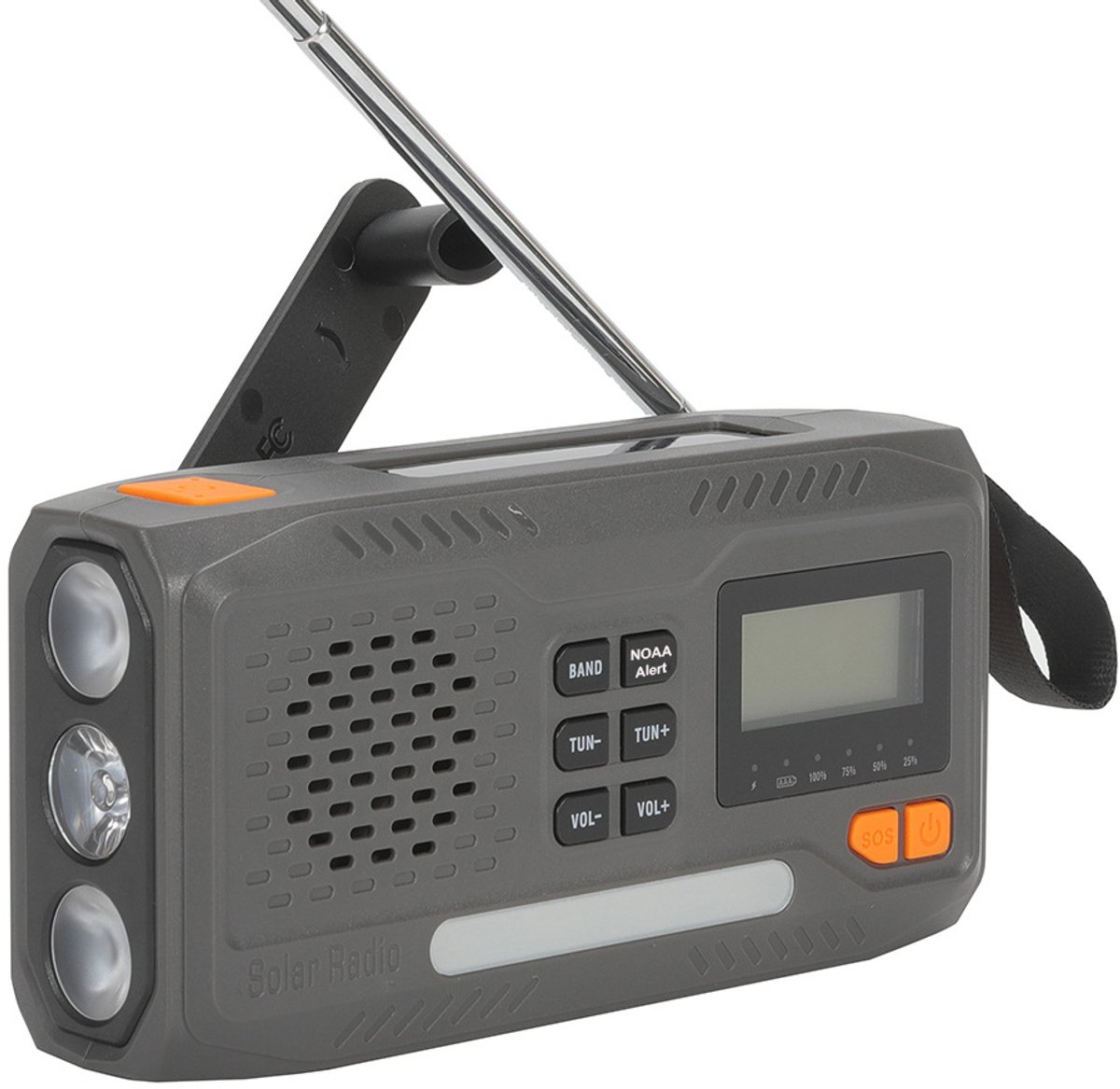 Survivalradio – draagbare zonne-batterijradio met oplaadbare 4500mAh-batterij – AM/FM handcrank – scherm – noodkit met lamp – SOS-alarm en noodopladen voor smartphone (grijs).L