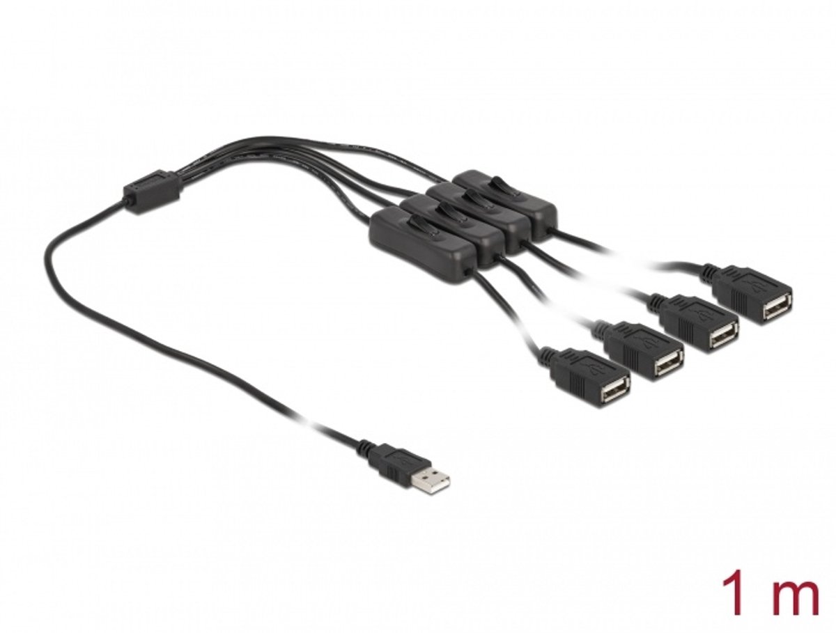 Image of Delock Cable USB Type-A male to 4 x USB Type-A female with switch 1 m