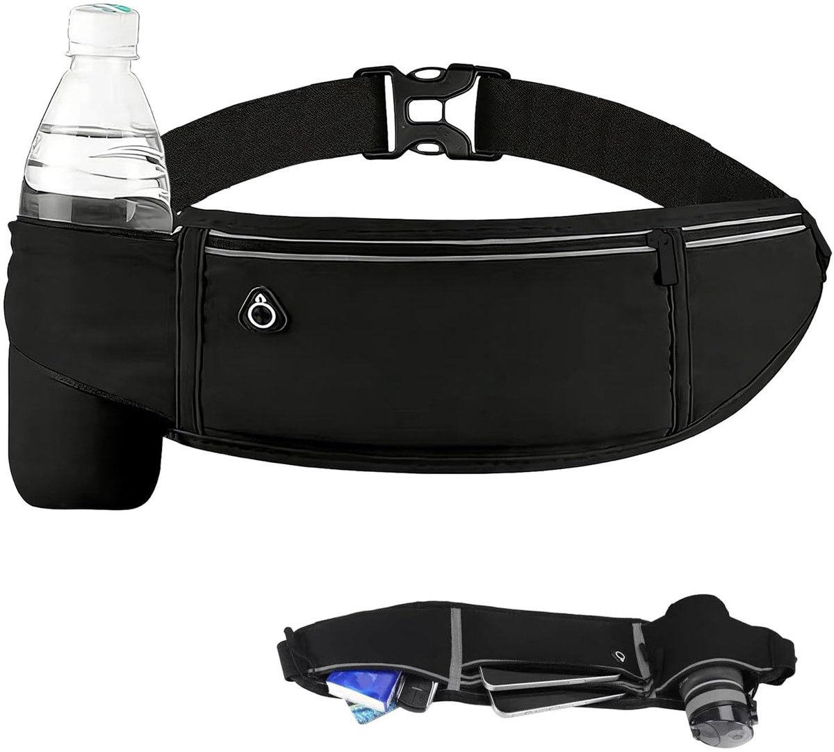 Kaiyaya - 1 stuk Hardloopriem - Running belt met waterfleshouder - Verstelbaar en waterdicht - Met reflecterende strips - Zwart - Voor sport en reizen