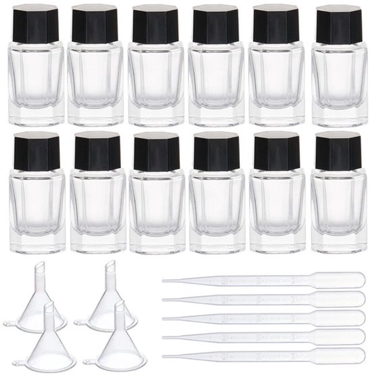 12 Stuks 15 ml Glazen Vulpeninktflessen - Met 4 Trechters en 6 Druppelaars