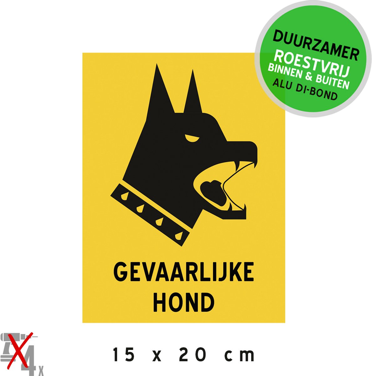 Pictogram/ bord Dibond | "Gevaarlijke hond" | 15 x 20 cm | Verboden toegang | Privé | Duurzaam materiaal | Roest niet | Onverwacht bezoek | Waakhond | Geel | 1 stuk