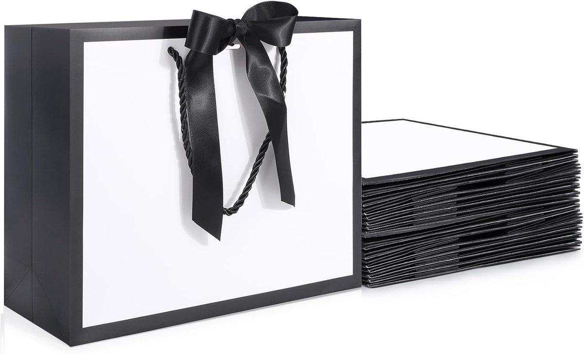 Grote Cadeautassen - 20 Stuks 230GSM Papieren Tassen met Handvat - 32x11.5x28cm - Witte en Zwarte Cadeautassen met Strik voor Verjaardagen en Feestjes