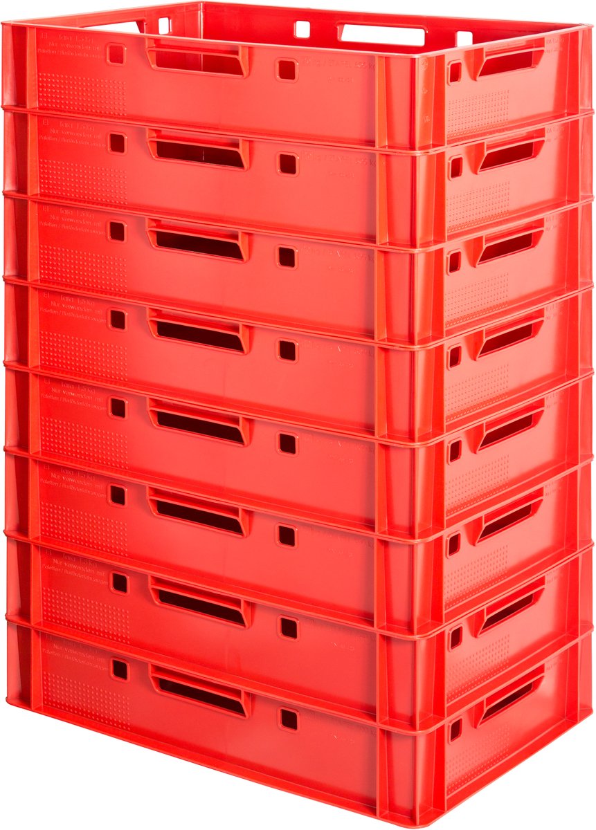 8x E1 Vleeskratten, Rood, Eurobox, Voedselveilig, Slagerskist, Opbergdoos, Plastic Bak, Stapelbaar, 60 x 40 cm, Kingpower